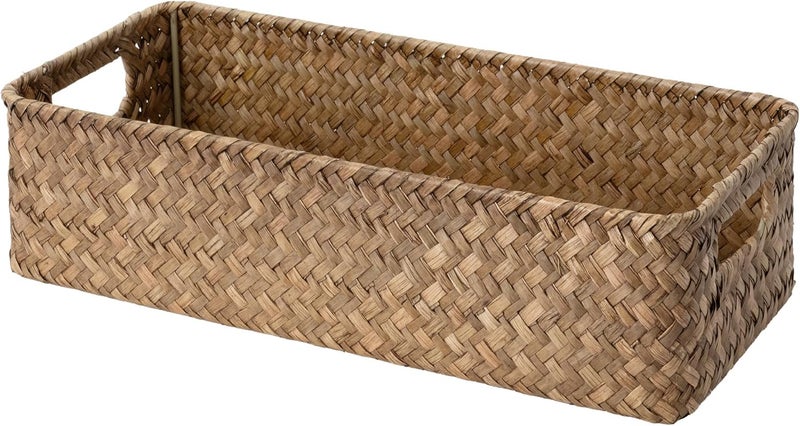 StorageWorks Wicker Toilet Paper Basket for Back of Toilet Baskets, Seagrass Bathroom Basket Organizer and Storage for Tank Topper, Small Tank Trays for Decor with Built-in Handles, Brown - Image 1